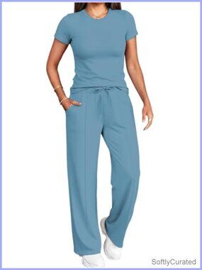 2 Piece Lounge Set Short Sleeve Top Wide Leg Pants Tracksuit